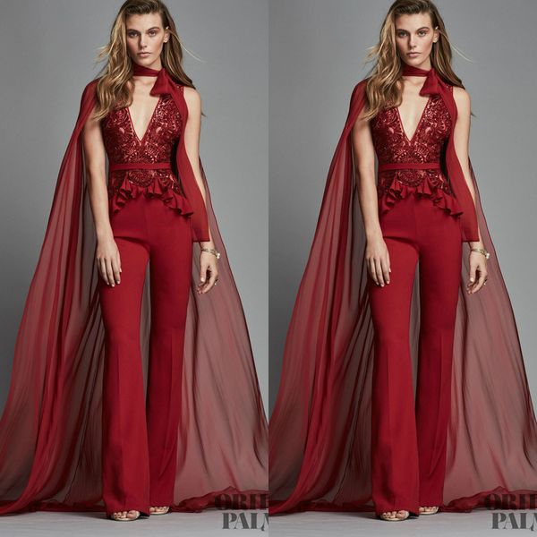 

красные комбинезоны платья выпускного вечера с накидкой sexy v шеи кружева брюки вечернее платье мода zuhair murad вечерние платья vestido d, Black