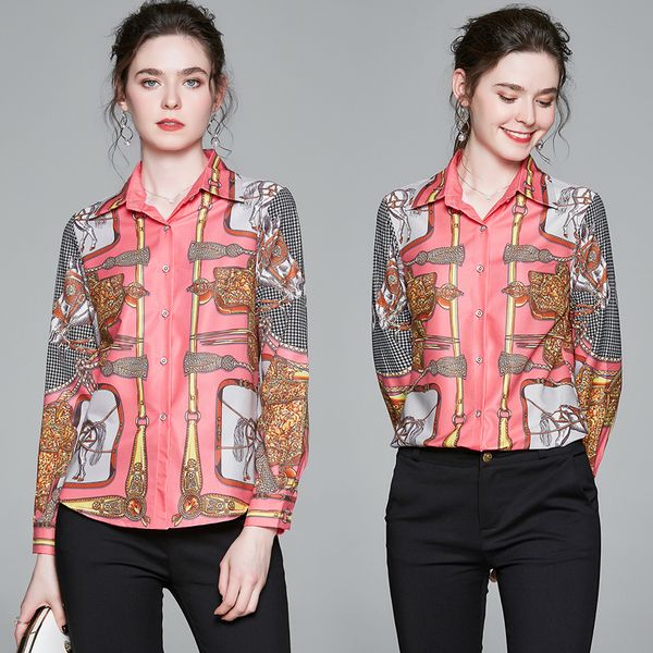 

2020 luxury fashion printed pink shirts women long sleeve lapel neck ladies runway button shirt blouses elegant office designer shirts, White