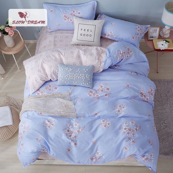 

slowdream home bedding set textiles flowers pattern bed linen set blue bedspread duvet cover flat sheet pillowcase 3/4pcs