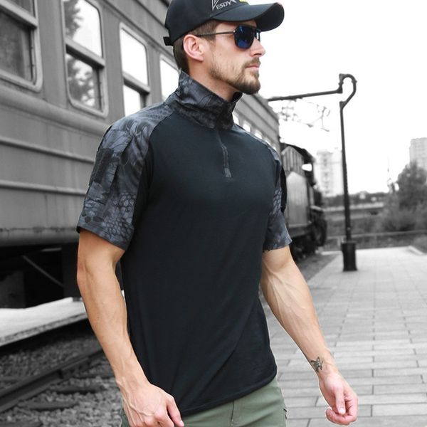 

tactical camouflage short sleeve cotton t shirt students training uniforms camping army fan outdoor combat shirts, Gray;blue