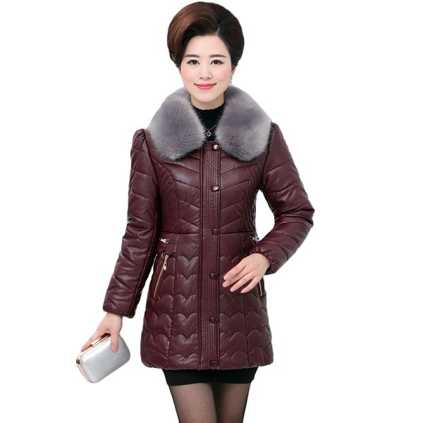 

winter women parkas jacket new pu leather jacket coats middle-aged mother clothing thicke warm down cotton plus size 5xl, Black
