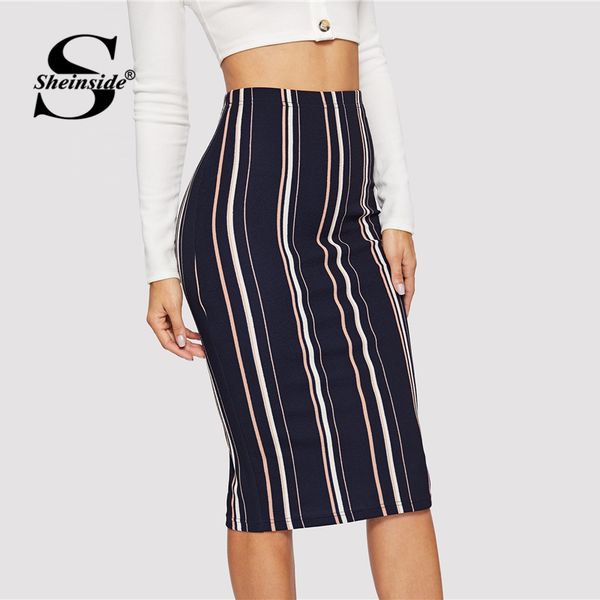 

sheinside elegant vertical stripe print midi skirt women casual bodycon skirts 2019 spring office ladies workwear pencil skirt, Black