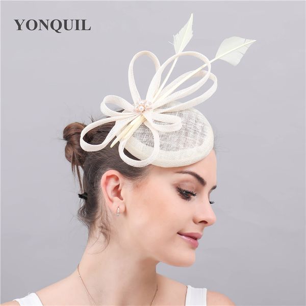 

ivory sinamay fascinator hat women bridal wedding party headwear hair clips with feather hair accessories fashion headpiece