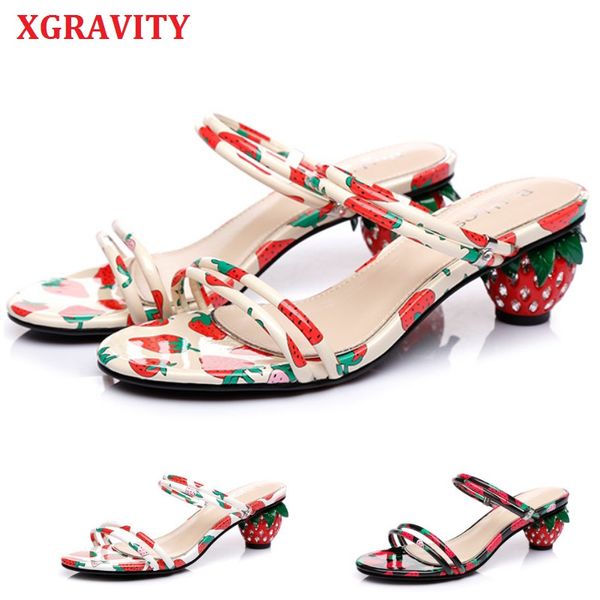 

xgravity new spring summer ladies fashion abnormal strawberry heel sandals women chunky heel shoes fairy footwear b296, Black