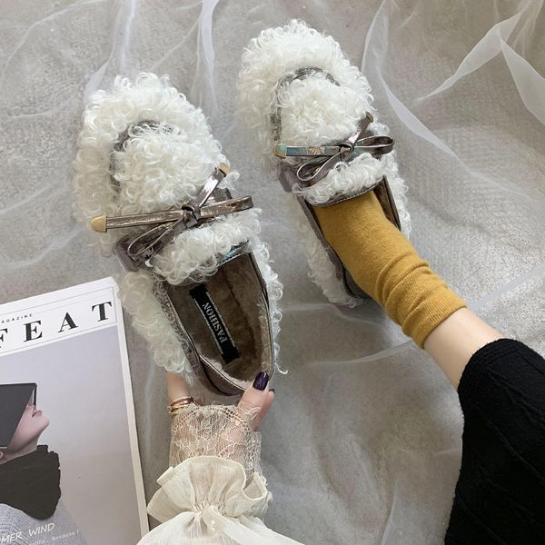 

new flat-bottom lambswool fur cotton shoes women's winter plus velvet peas shoes comfortable furry boots loafers u12-84, Black