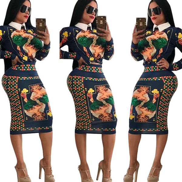 

Poker Two Pieces Printed Dress Women Turn-down Collar Long Sleeve Shirt Top Casual Bodycon Dress Elegant Slim Midi Pencil Dress