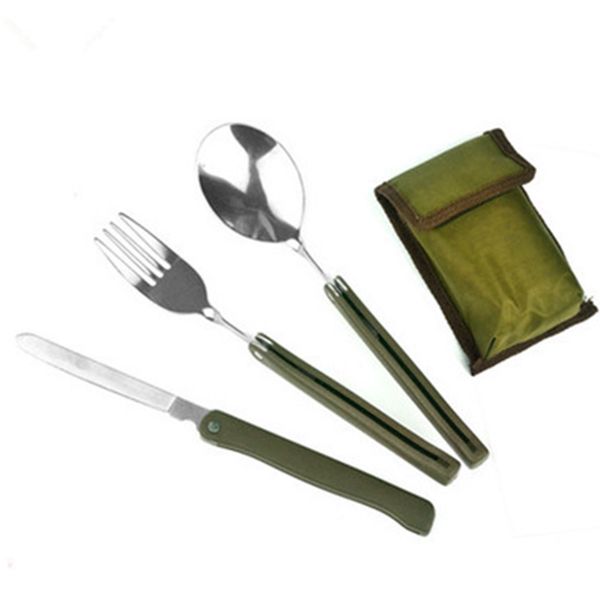 

portable army green folding cutlery set with pouch cooking survival camping