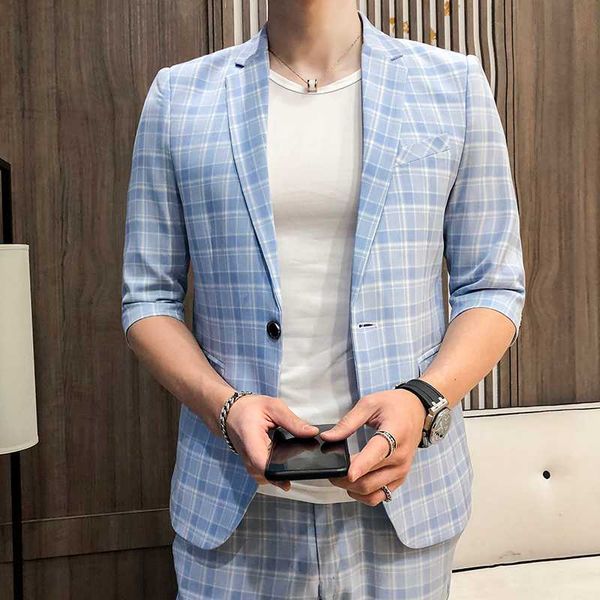

2020 summer thin five quarter sleeve suit men's plaid youth student fashion suit pants two-piece set, White;black