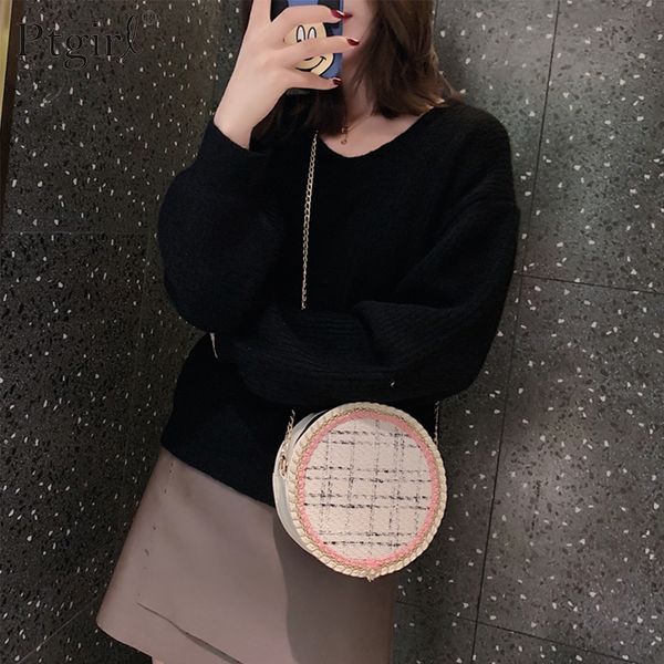 

2020 women woolen messenger shoulder bags fashion round circle elegant small crossbody bags ptgirl chain handbag for girl ladies