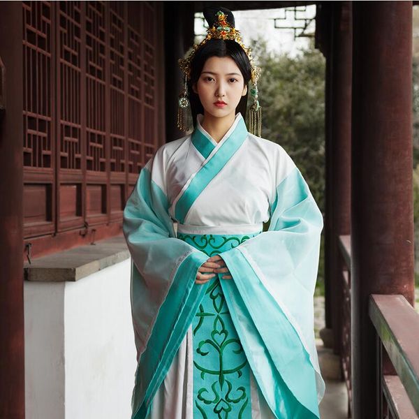 

asian film stars same item ancient clothes china elegent princess hanfu long tail dress fairy blue white apparel, Red