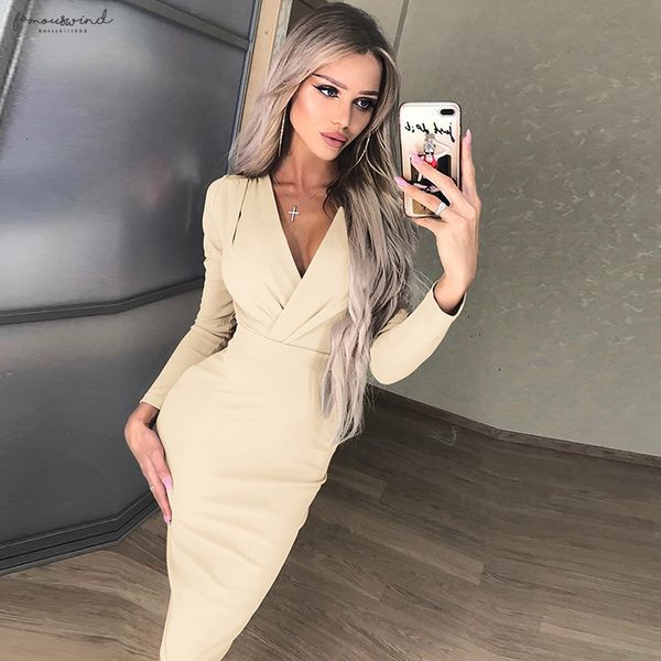 

autumn women clothes empire v neck sheath long sleeve knee length bodycon dresses plus size woman party vestidos mujer designer, Black;gray