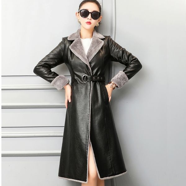 

genuine leather women winter coat turn down collar long outwear coat natural sheepskin lamb cashmere women overcoat m-4xl g761, Black