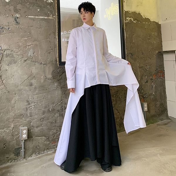 

men long sleeve irregular design casual black white shirt male japan streetwear gothic dress shirts stage show costumes, White;black