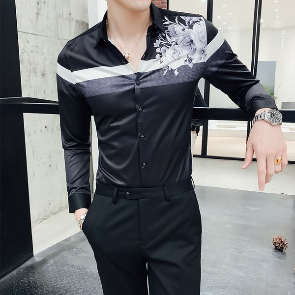 

2020 autumn rose stripe printing long sleeve slim fit shirts night club chemise homme flower shirt man camisa masculina, White;black