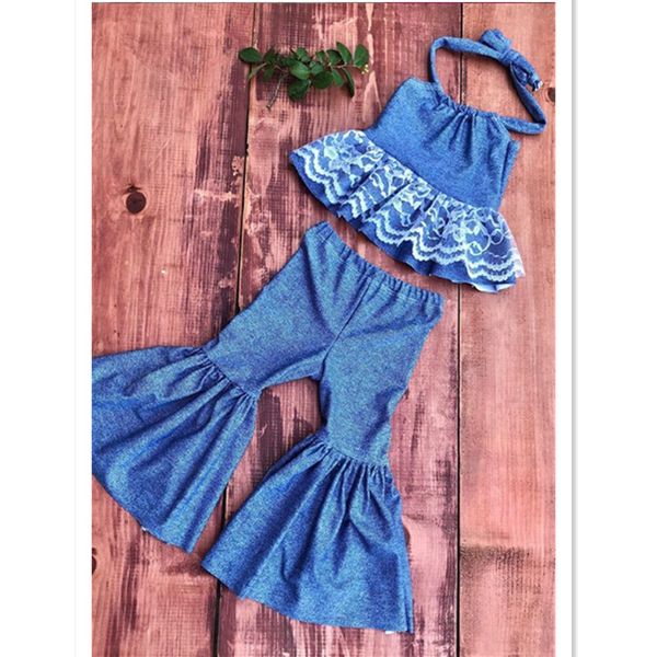 

0-3y summer toddler baby girls clothes sets lace floral sleeveless ruffles +flare long pants blue outfits, White