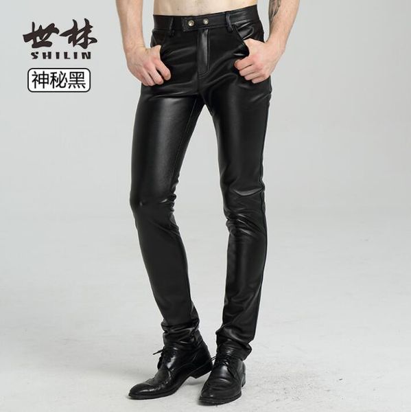 

thicken plus velvet warm windproof fashion motorcycle faux leather pants mens feet pants pu trousers for men pantalon homme, Black