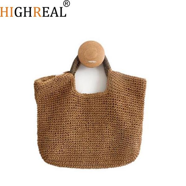 

highreal new rattan bags bohemia 100% handmade straw handbags millettia handle knitted summer tote wicker bags dropship