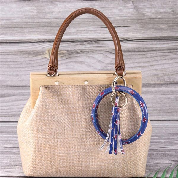 

leopard print pompom keychain fluffy faux leather tassel women handbag pendants car key ring large circle key chains jewelry, Silver
