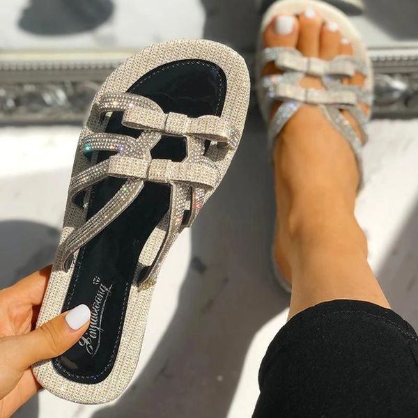 

crystal bowknot slippers women girls flat casual slippers beach shoes zapatillas casa mujer womens pantoufles femme, Black