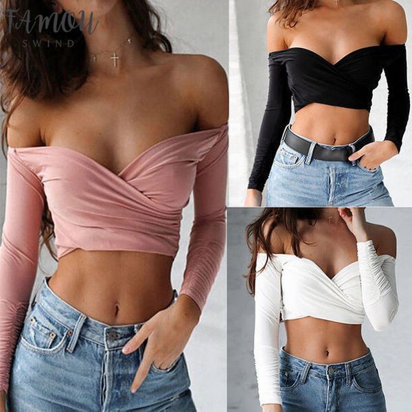 

new fashion women clothes off shoulder t shirts summer long sleeve solid v neck t shirt, White