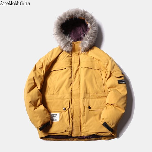 

aremomuwha winter new american cotton jacket tide couple hooded jacket male japanese retro short large fur collar cotton, Black