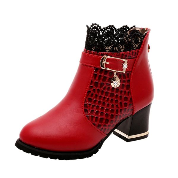 

sagace women's boots autumn and winter retro leather and lace lace booties women's solid color thick with bare boots 2019, Black