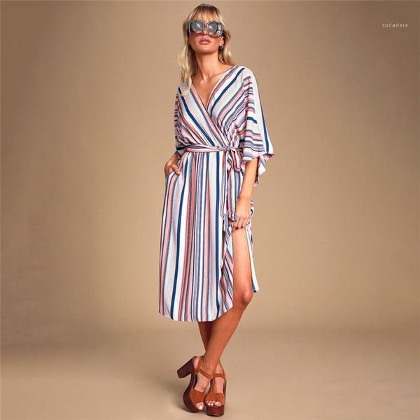 

neck dress belt long sleeve loose split fashion casual clothes famale summer dresses women stripe v, Black;gray