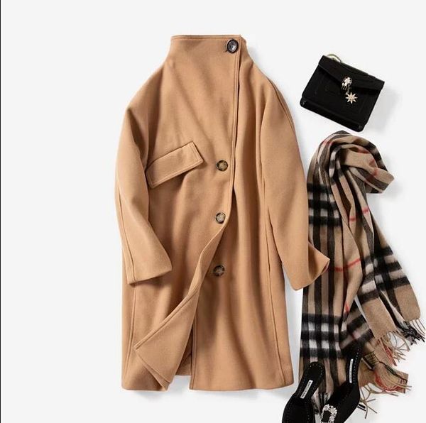 

women woolen jacket solid color pocket long coat autumn winter warm outwear, Black