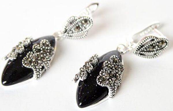 

blue sandstone marcasite flower piercing 925 sterling silver earrings 1.5 ", Golden