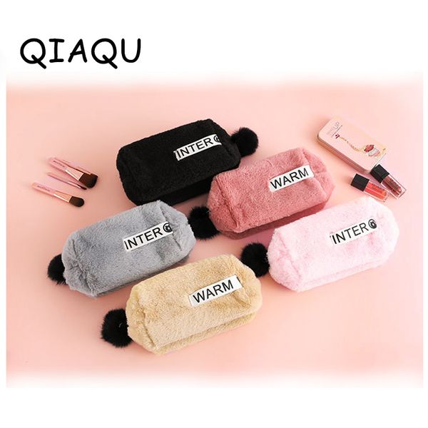 

qiaqu solid color cosmetic bag winter plush cute makeup bag travel woman fashion storage large capacity organizer insert