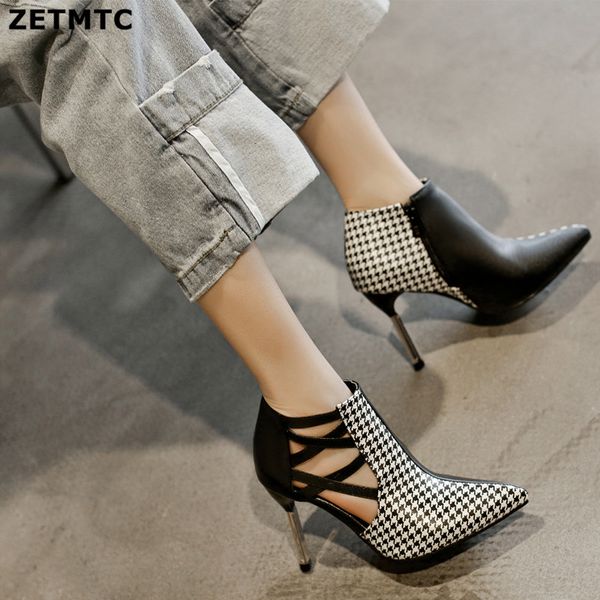 

zetmtc women's boots spring ankle boots high heels zipper white ladies autumn shoes pointed handmade shoes black white