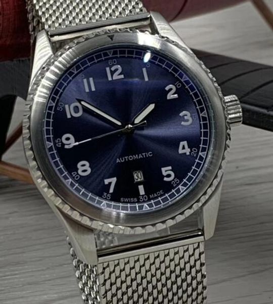 

1884 pilot watch style aviator 8 auto date mens watches 2813 automatic movement blue dial wristwatches with stainless steel mesh bracelet, Slivery;brown