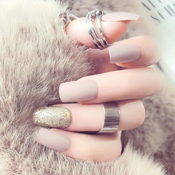 

24pcs/set acrylic fake nails matte frosted short false nail square head gold&brown with 2g glue new, Red;gold
