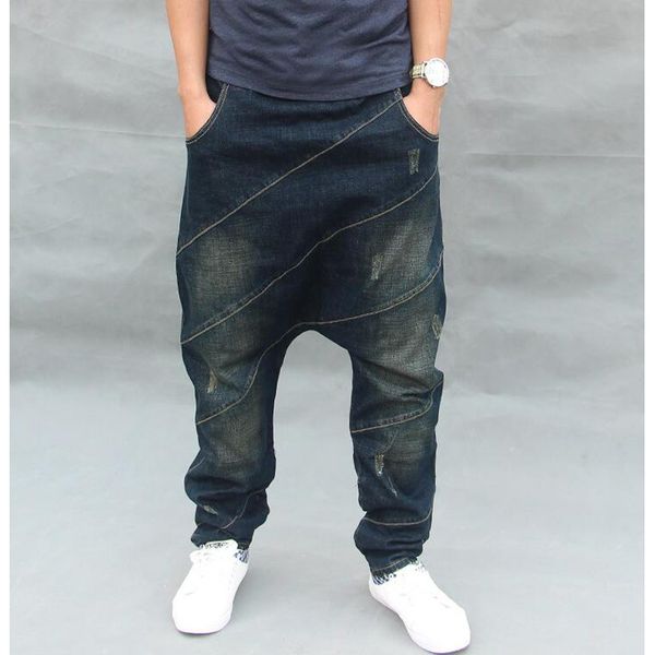 

new loose baggy jeans men's casual denim pants hip hop harem jeans elastic waist with drawstring male trousers, Blue