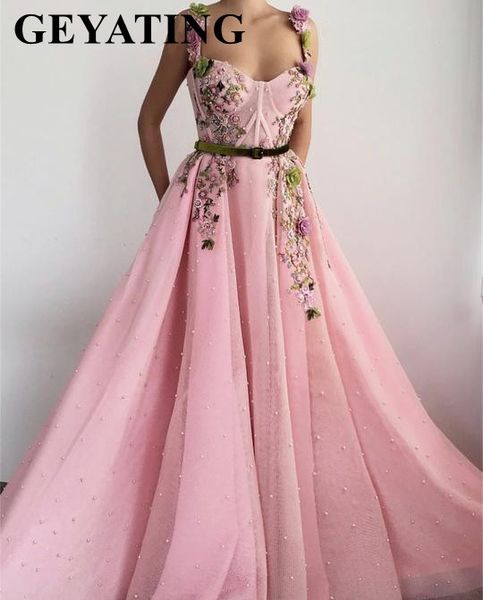 

sweet girls rose pink 3d floral prom dresses 2019 long spaghetti straps pearls flowers evening party gowns junior formal dress, White;black