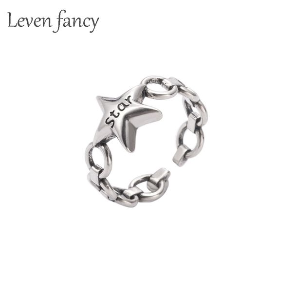 

s925 link chain pentagram star single ring thai silver 925 sterling open vintage star ring for women men hip hop jewelry gifts, Golden;silver