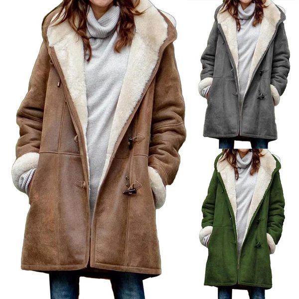 

2020 casual women winter solid color horn buckles fleece lining long warm hooded coat winter women thick parka jacket female, Black