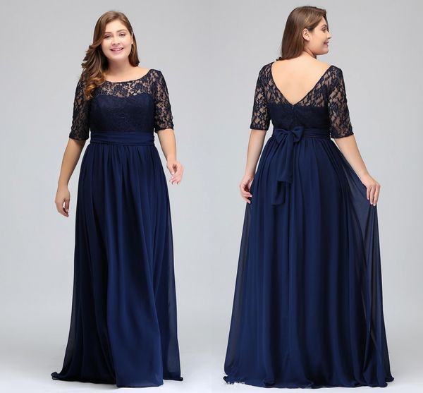 Abiti da ballo mezze maniche in chiffon di pizzo blu scuro scuro Top in pizzo A Line chiffon con scollo a V Abiti per la madre della sposa Abiti taglie forti HY5035