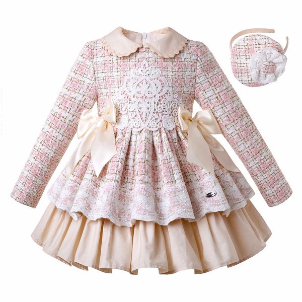 

pettigirl autumn winter pink plaid girls princess dress with headband flower girl dresses kids wedding kids luxury designer clothes girls, Red;yellow
