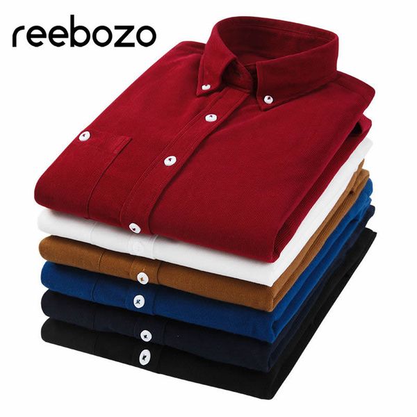 

reebozo men shirts long sleeve 2019 regular fit corduroy slim fit male brand casual men's shirt solid color business dress 5xl, White;black