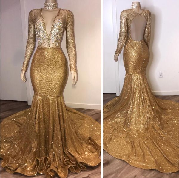 Sexy Illusion Beatice Gold Prom Dress с длинными рукавами Русалка V-образным вырезом Особые случаи Партия Платья на заказ Party Partys