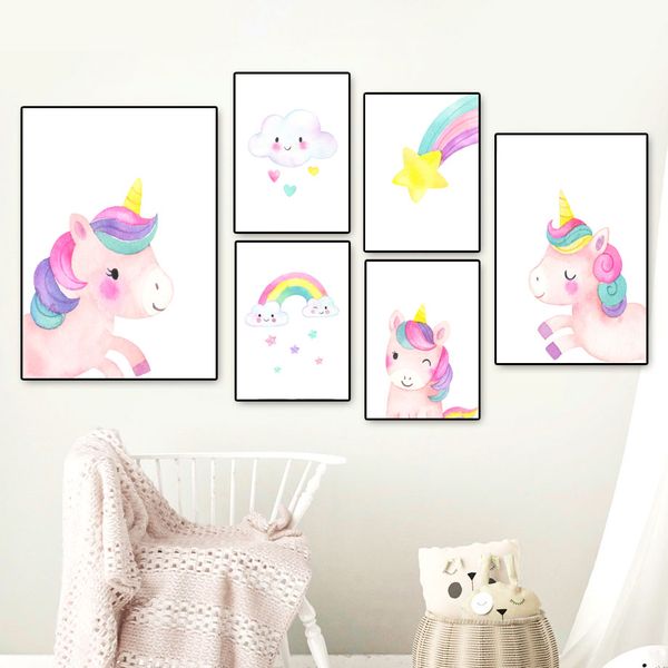 

watercolor unicorn rainbow cloud stars nordic posters and prints wall art canvas painting nursery wall pictures kids room decor