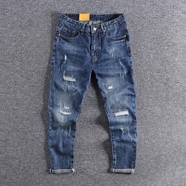

men's jeans 2021 arrival blue patch capris cat must straight tube trendy tapered pants 0320