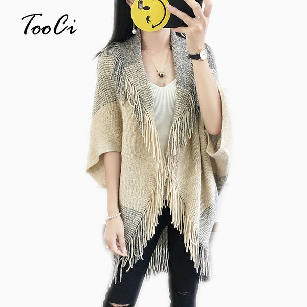 

new fashion autumn women poncho femme hiver cardigan shawl high elastic beige tassel knitted ladies sweaters long cardigan coat, White