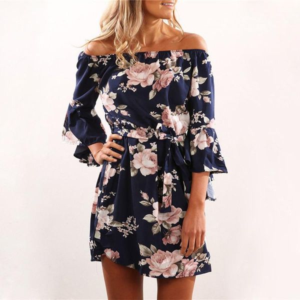 

women dress 2019 summer off shoulder floral print chiffon dress boho style short party beach dresses vestidos de fiesta, Black;gray