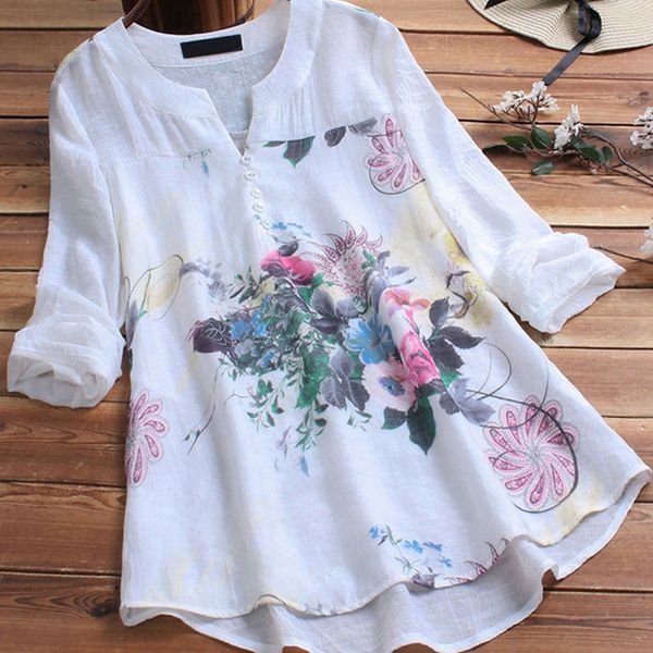 

women cotton linen floral print shirt plus size 5xl patchwork tunic o-neck long sleeve female blouse 2019 summer lady shirts, White