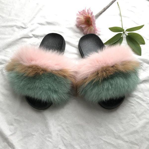 

retail real fluffy fur slides mixed color women raccoon fur slippers, Black