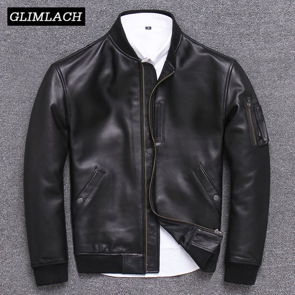 

japan style pilot sheepskin jackets men plus size 5xl natural real leather bomber jacket stand collar aviation coats new, Black