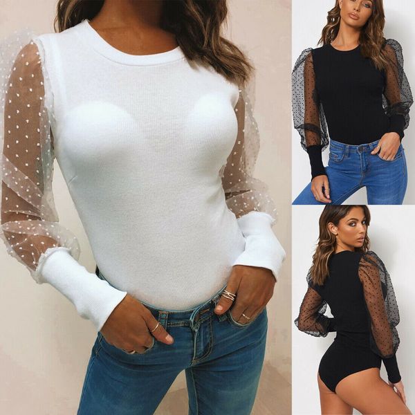 

fashion women bodysuit bodycon jumpsuit leotard blouse playsuit puff sleeve ploka dots knitted party female blusas clothing, Black;white