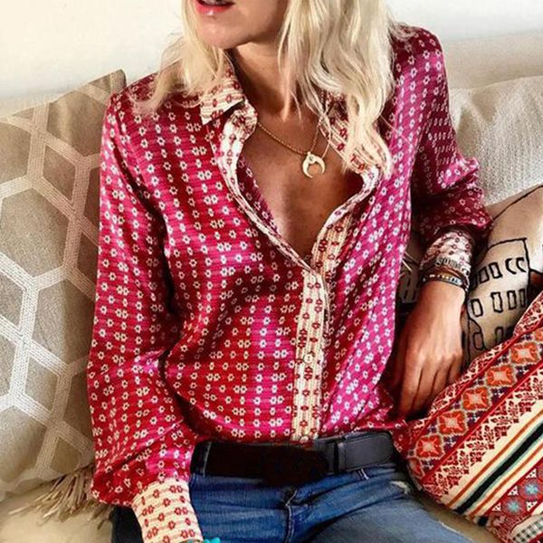 

oeak new fashion blouses women long sleeve autumn v neck floral printing streetwear ladies office work shirts 2019, White